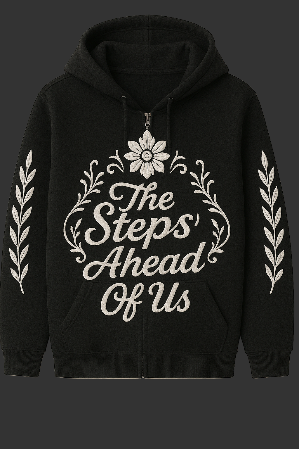 Black hoodie with white floral design and text on a black background