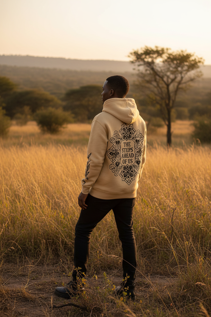 About Us portrait image with person wearing golden tan hoodie
