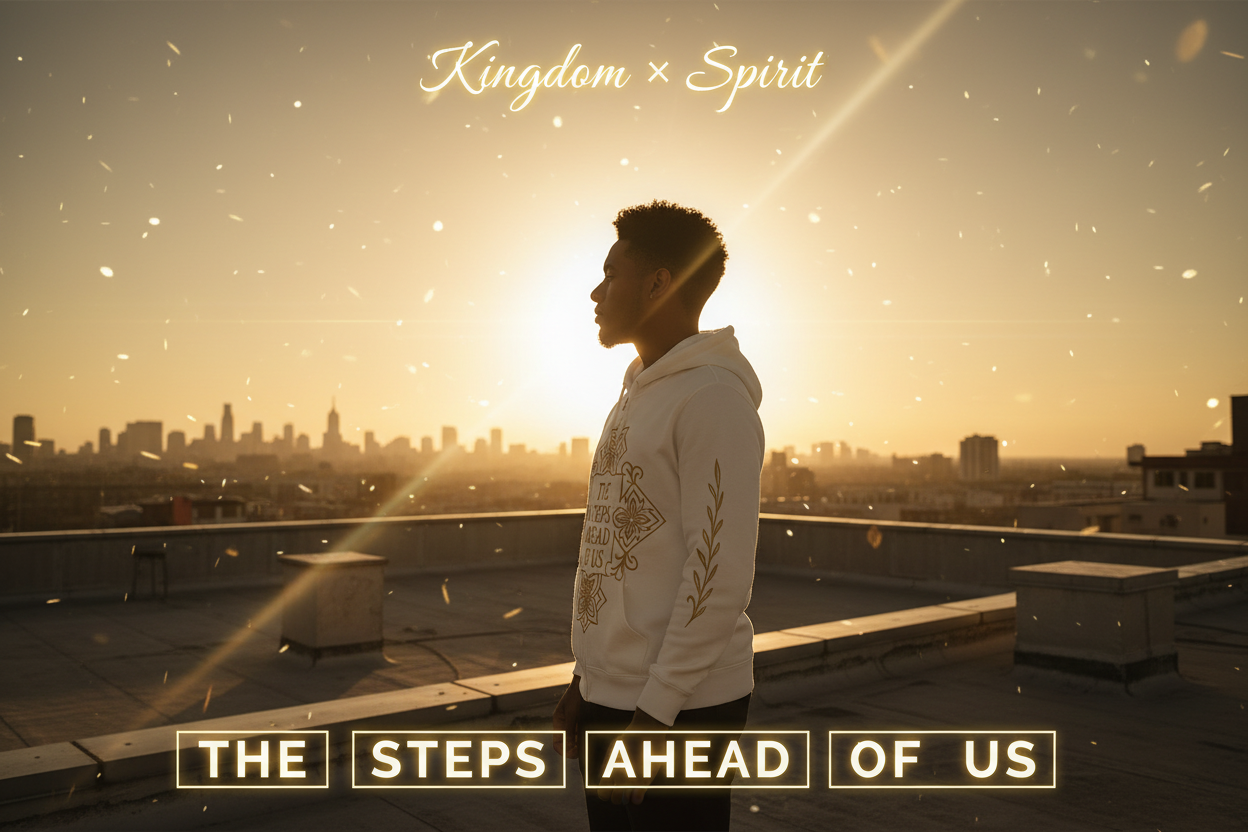 Cinematic rooftop scene with person wearing "THE STEPS AHEAD OF US" hoodie at golden hour