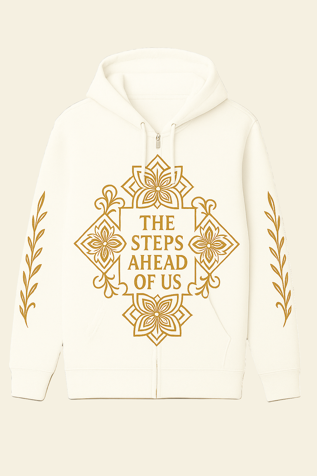 White hoodie with gold decorative text and design on a cream background