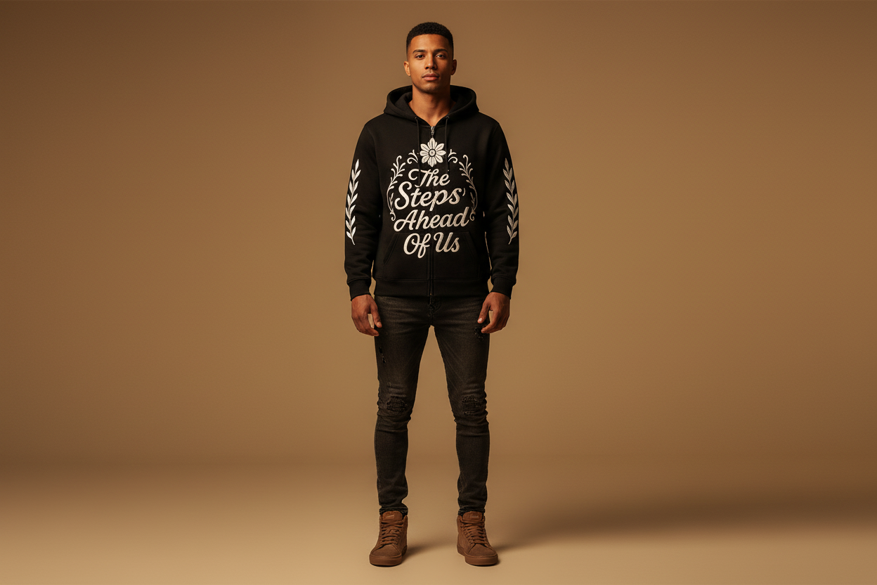 Male model wearing black hoodie with The Steps Ahead Of Us design clearly visible