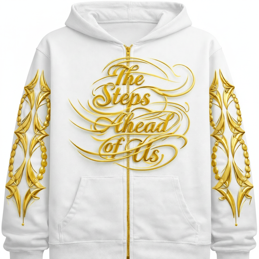 White hoodie with gold text on white background